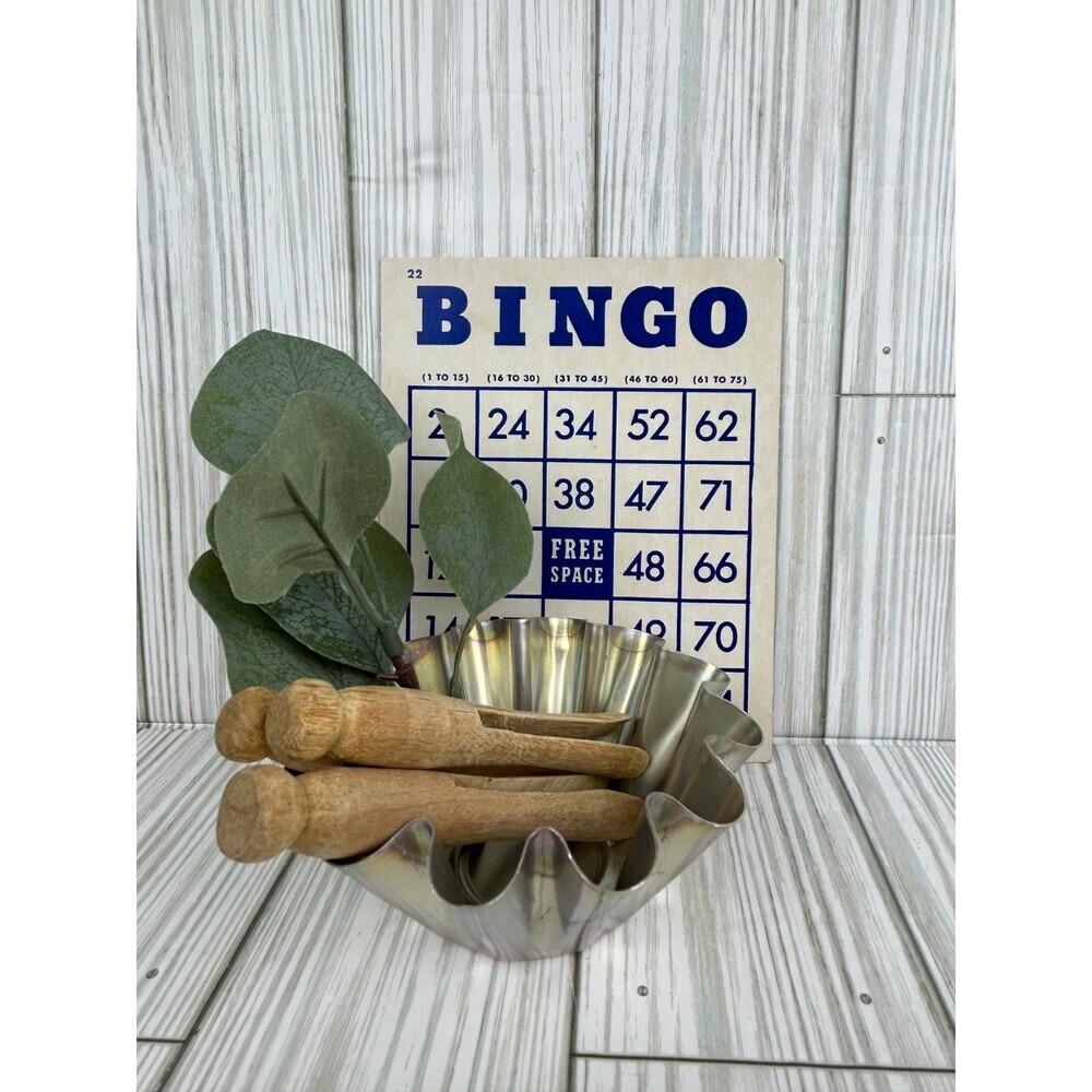 Vintage Vignette Bingo Card Tart Tin Clothespins Country Farmhouse Collection